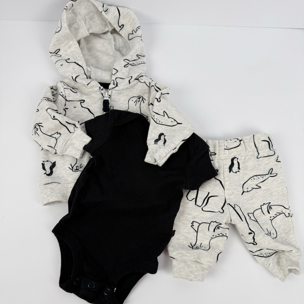 Carter's Newborn 0M 3 Piece Outfit Set Hoodie Bodysuit Pants Arctic Animals